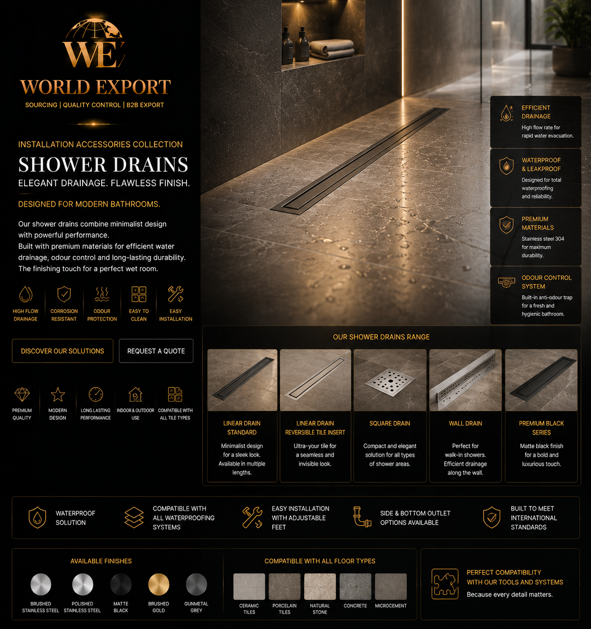 Affiche de marque World Export — Caniveaux de douche.