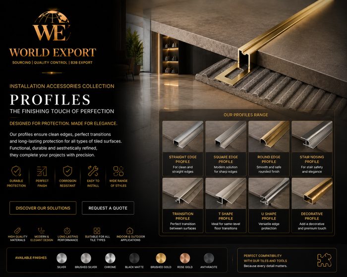 Affiche de marque World Export — Bordures inox & finitions.