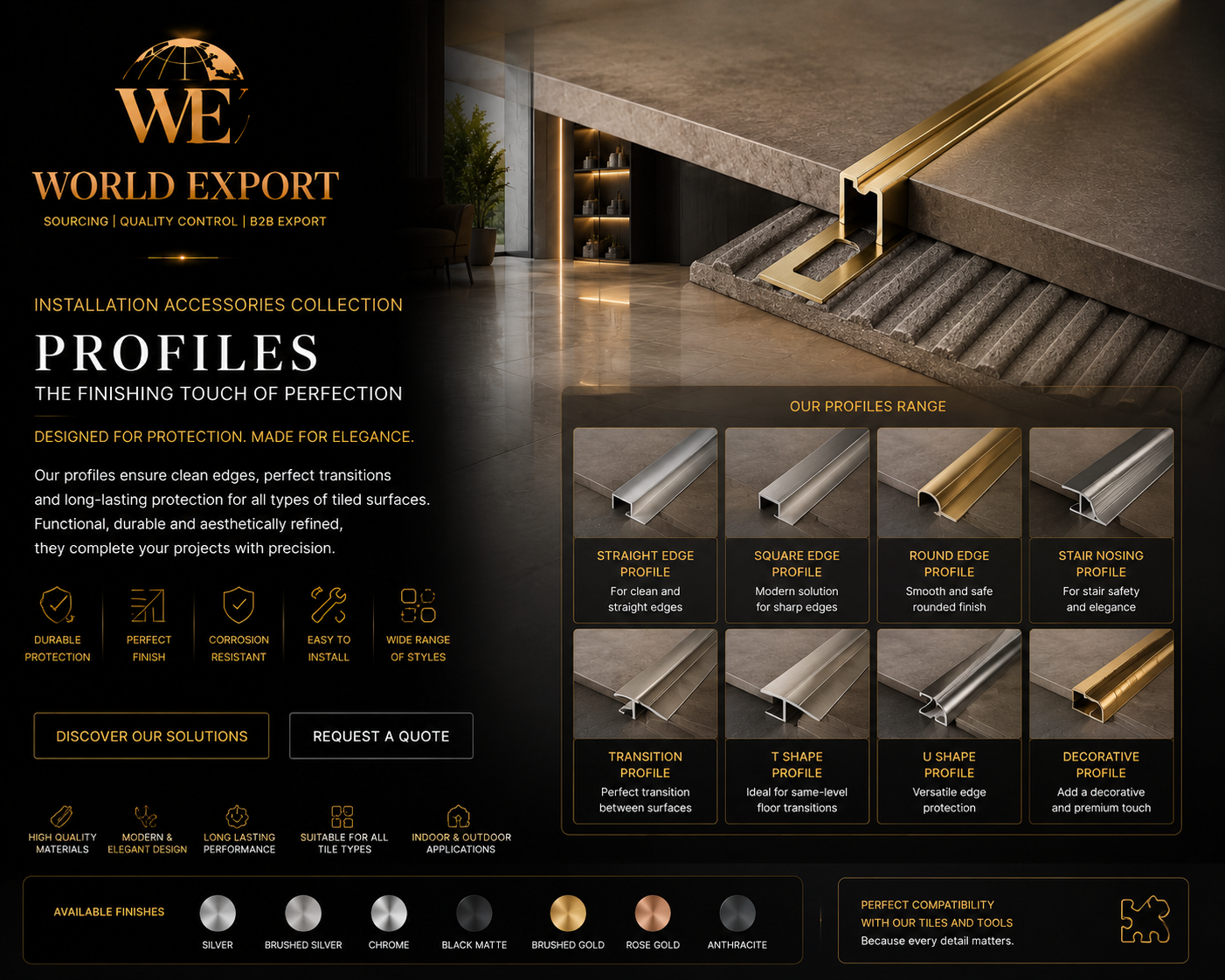 Affiche de marque World Export — Profilés de finition & bordures PVC.