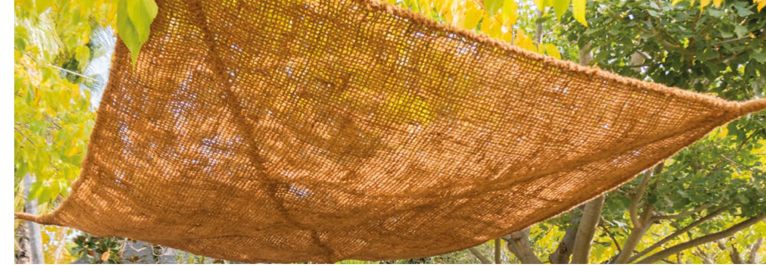 Voile d'ombrage en fibre de coco tendue entre des arbres.