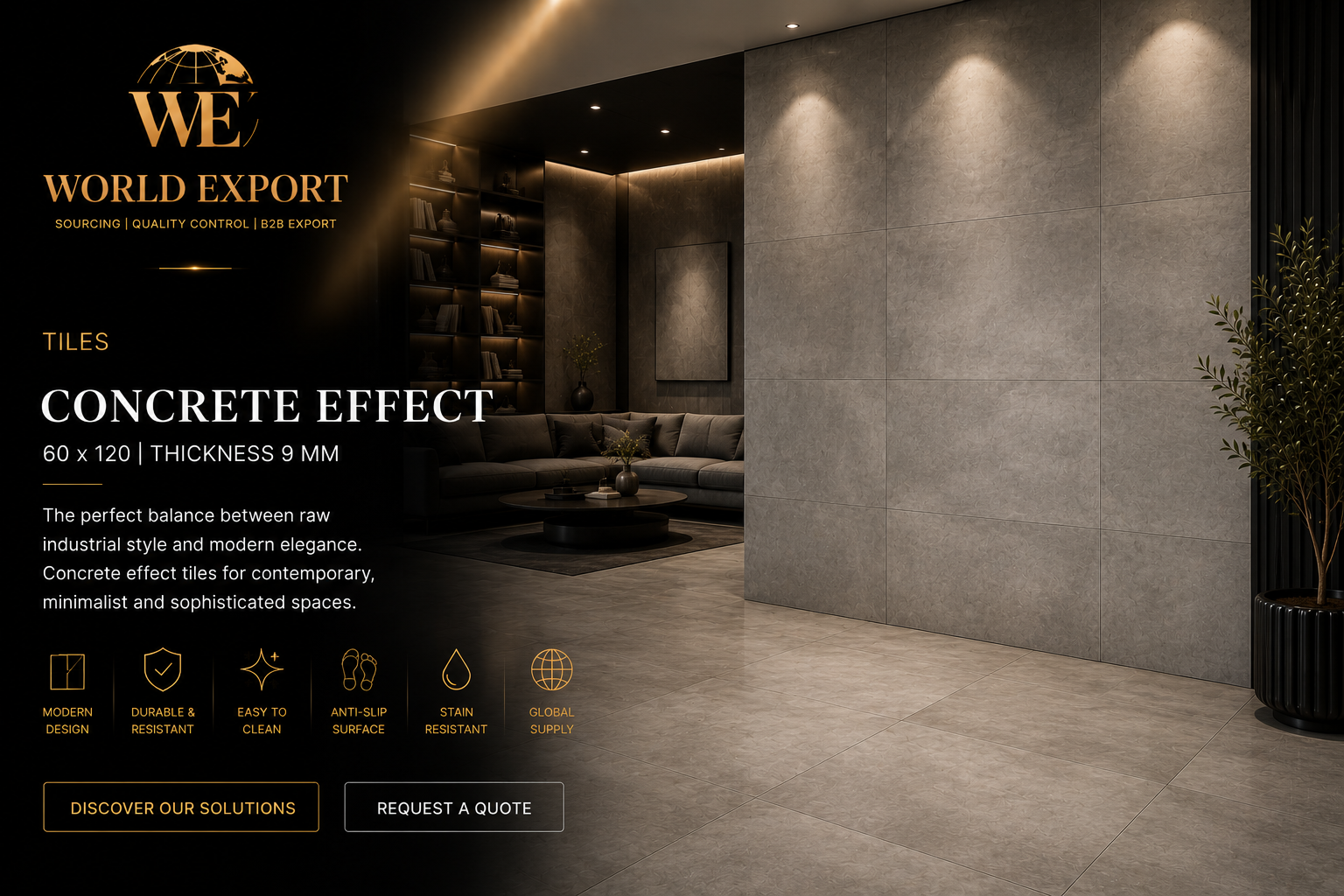 Affiche de marque World Export — Carrelage Effet Béton, finition premium.