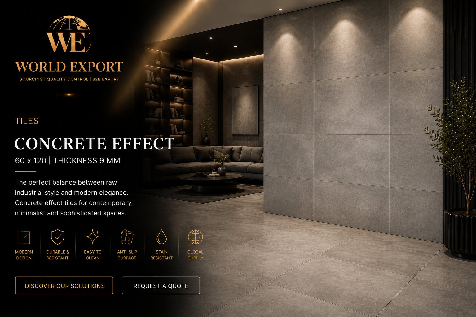 Affiche de marque World Export — Carrelage Effet Béton, finition premium.