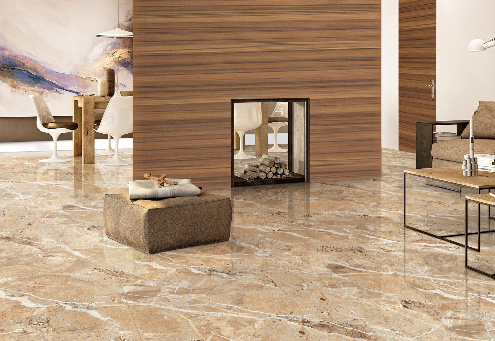 Salon chaleureux avec sol en carrelage grand format effet marbre, World Export & Co.