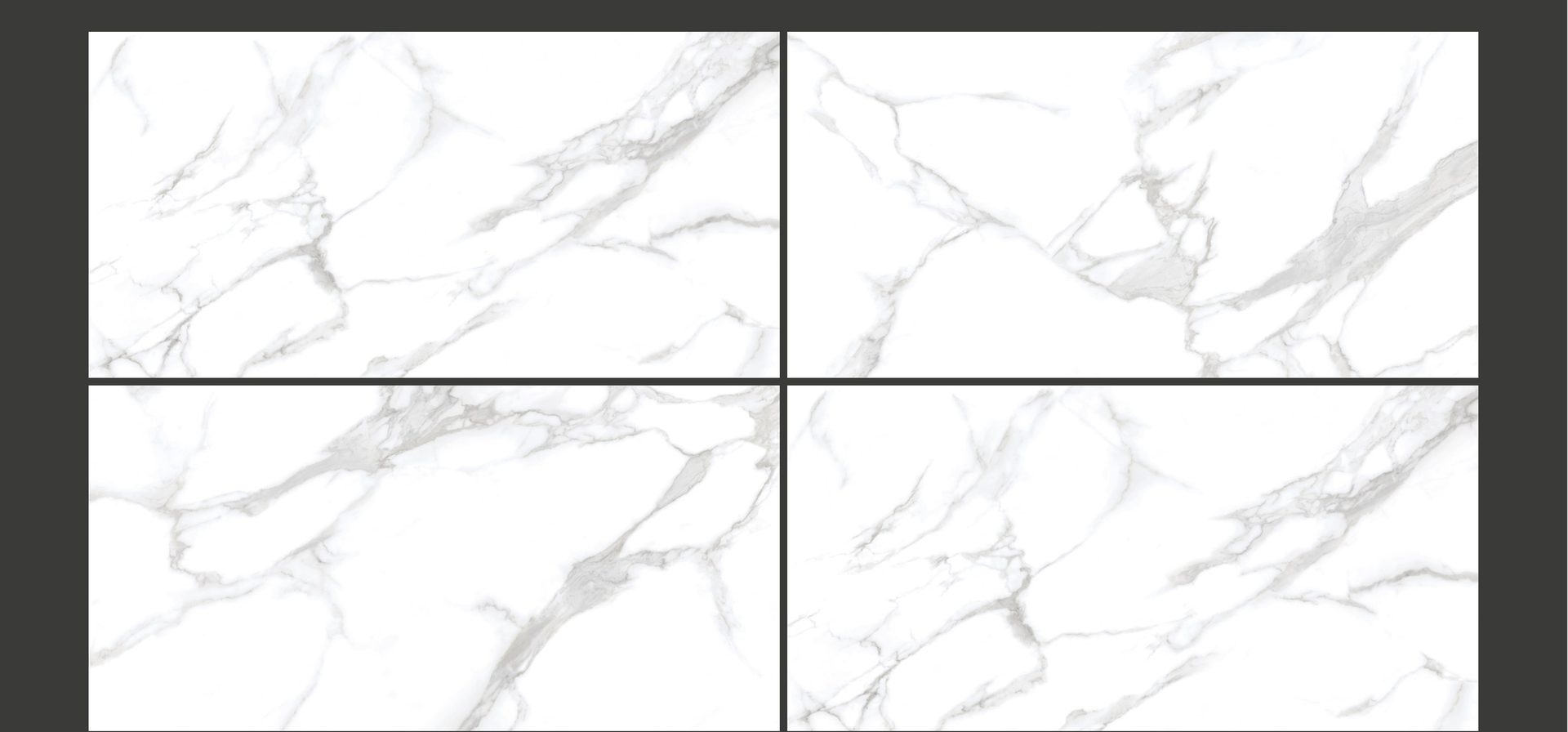 Carrelage grand format effet marbre, décor Statuario, fini glossy, 600×1200mm.