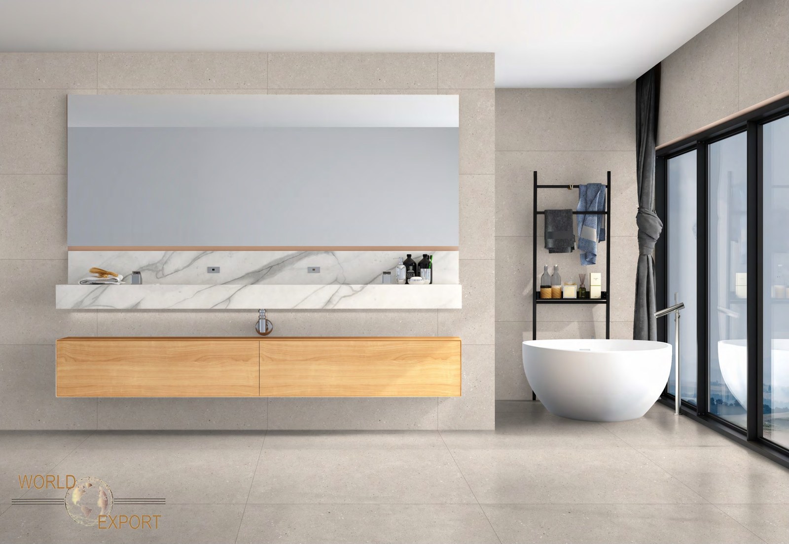 Salle de bain avec vasque bois et carrelage grand format effet pierre claire, fini mat, World Export & Co.