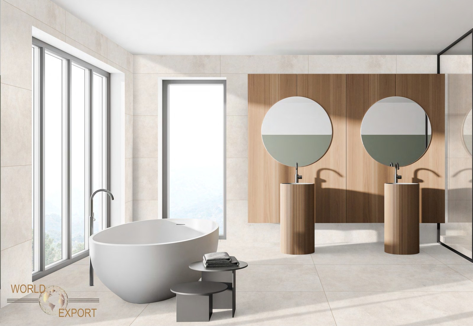 Salle de bain double vasque avec carrelage grand format effet pierre beige, fini mat, World Export & Co.
