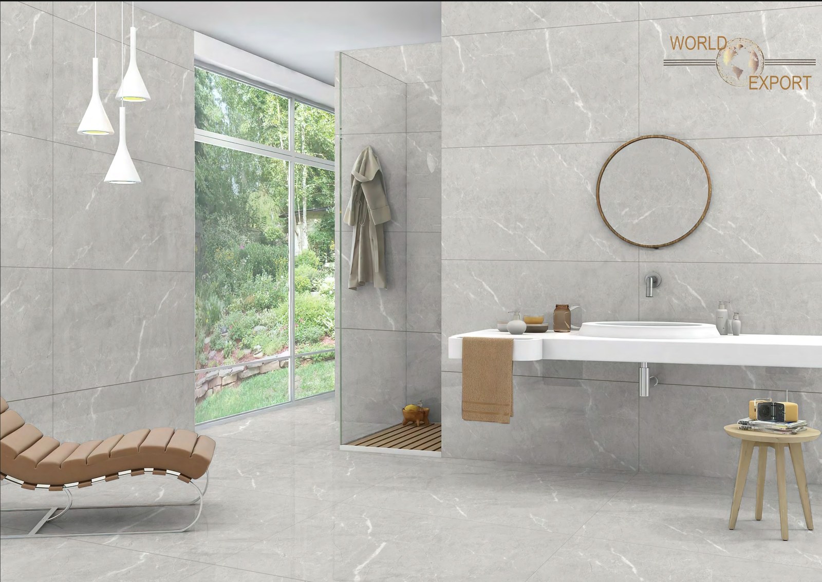 Salle de bain avec douche à l'italienne, carrelage grand format effet pierre claire, fini glossy avec reflets nets, World Export & Co.