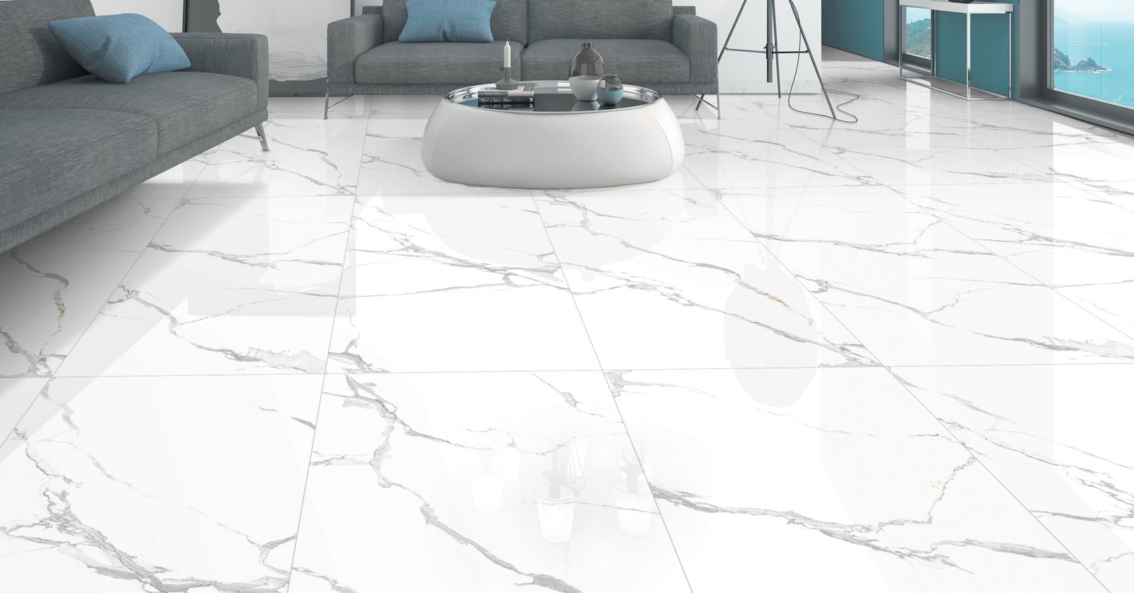 Salon avec sol en carrelage grand format effet marbre blanc, World Export & Co.