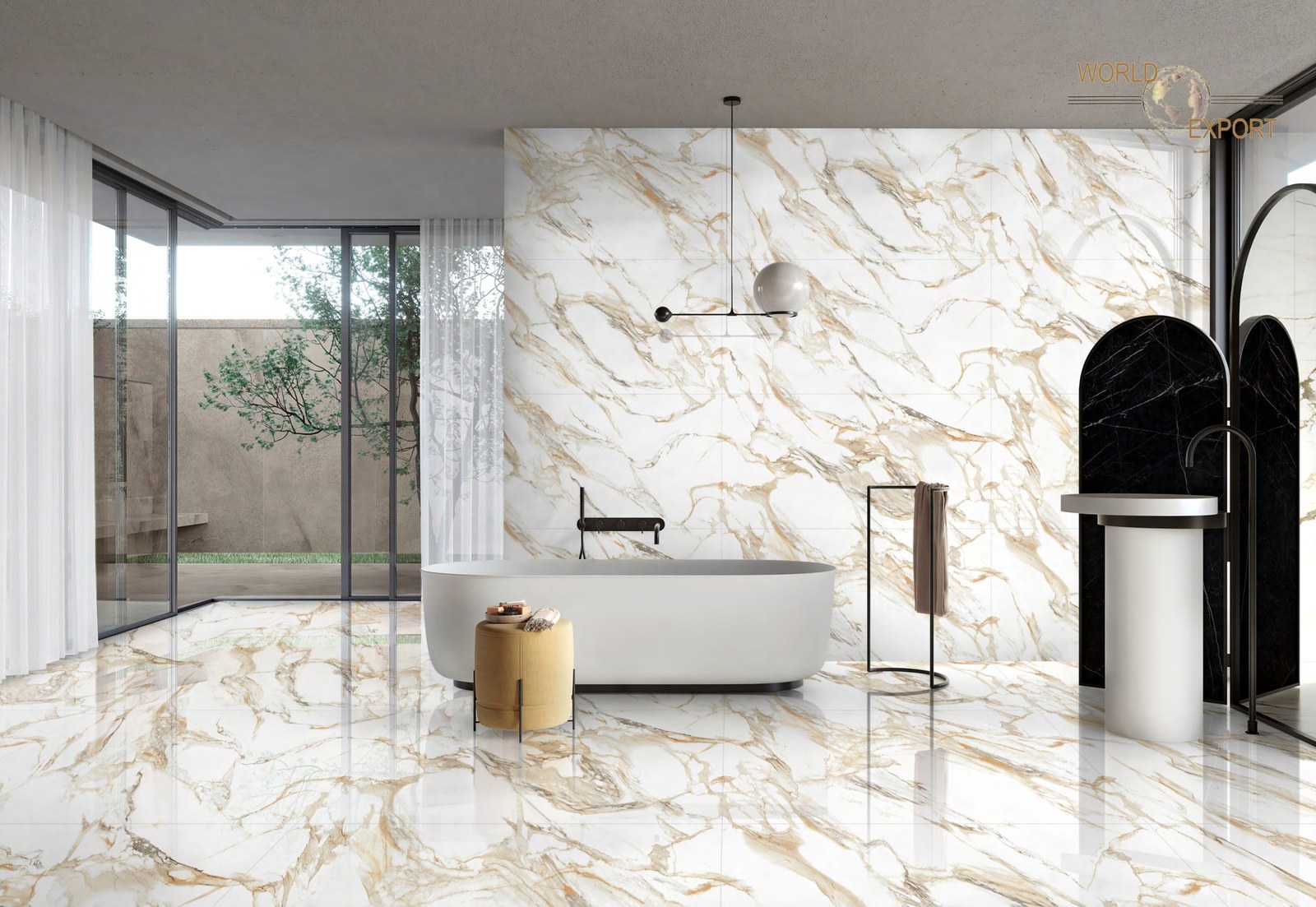Salle de bain avec baignoire et mur en carrelage grand format Infinite Collection, effet marbre blanc et or, fini glossy, World Export & Co.
