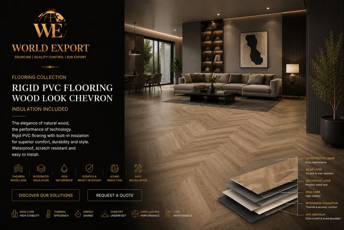 Affiche de marque World Export — Sol SPC rigide, isolation intégrée, finition premium.