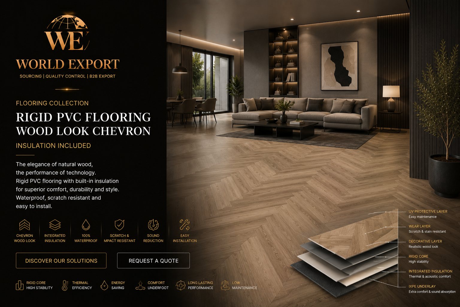 Affiche de marque World Export — Sol SPC rigide, isolation intégrée, finition premium.