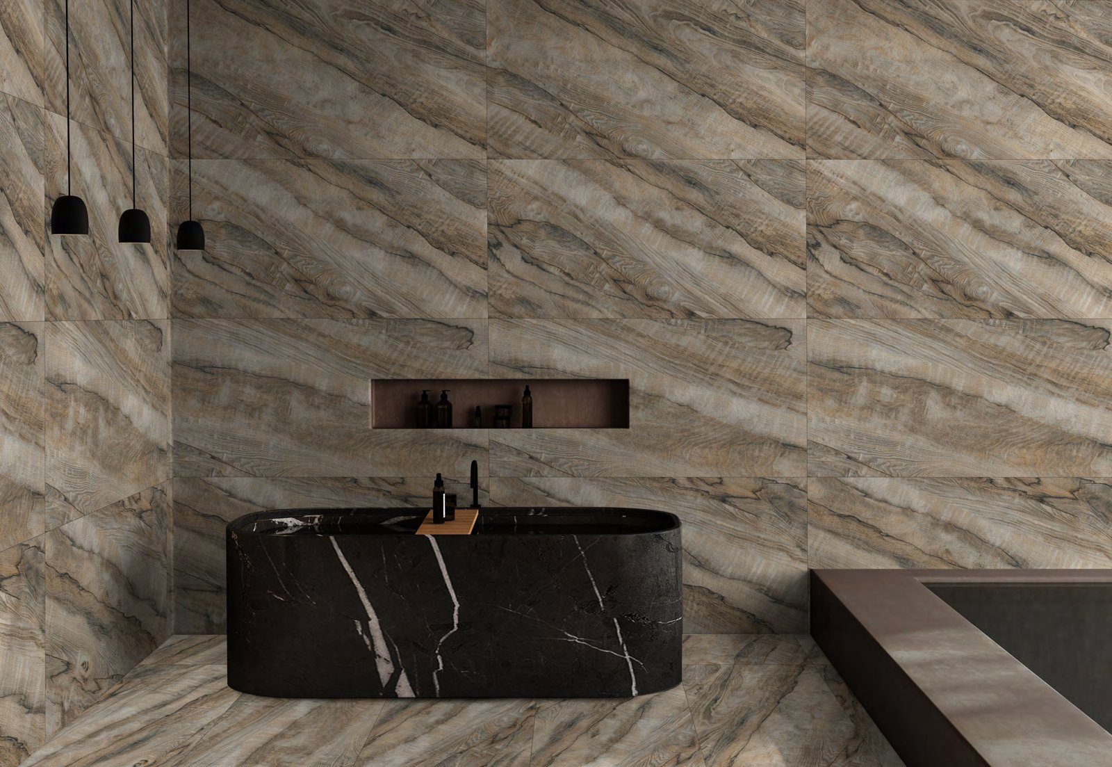 Salle de bain avec mur en carrelage grand format effet bois, World Export & Co.