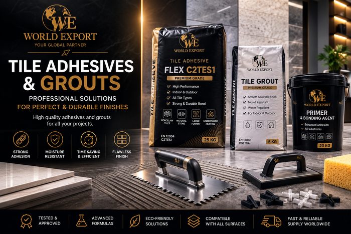 Affiche de marque World Export — sacs de colle carrelage FLEX C2TES1, joint de carrelage premium et primaire d'accrochage, outils de pose.