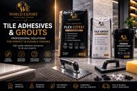 Affiche de marque World Export — sacs de colle carrelage FLEX C2TES1, joint de carrelage premium et primaire d'accrochage, outils de pose.