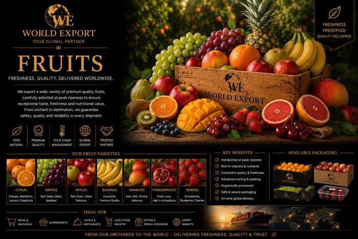 Affiche de marque World Export — Fruits : logo World Export en tête, sélection de fruits frais.