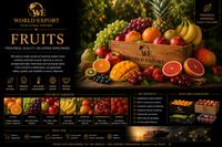 Affiche de marque World Export — Fruits : logo World Export en tête, sélection de fruits frais.