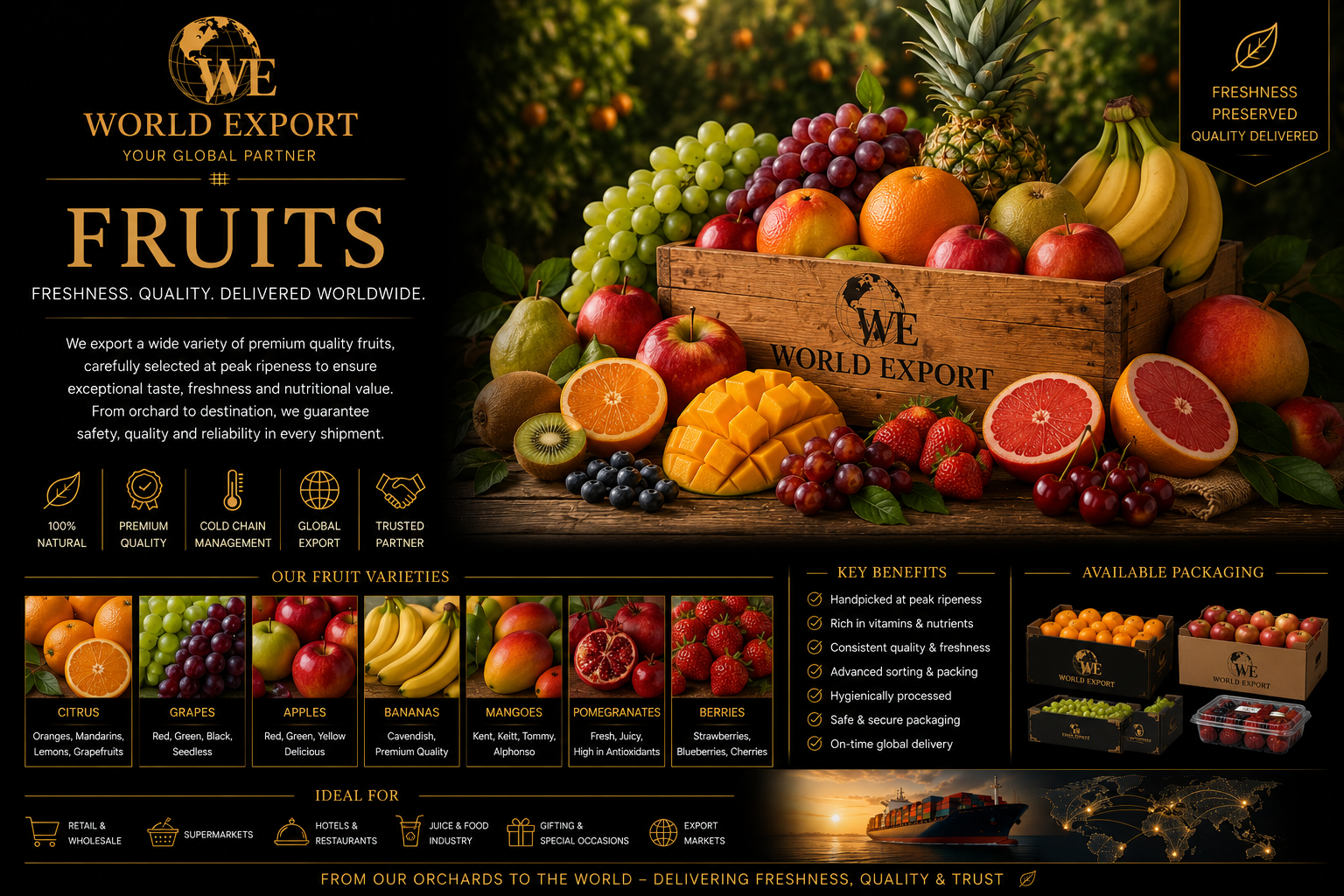 Affiche de marque World Export — Fruits : logo World Export en tête, sélection de fruits frais.