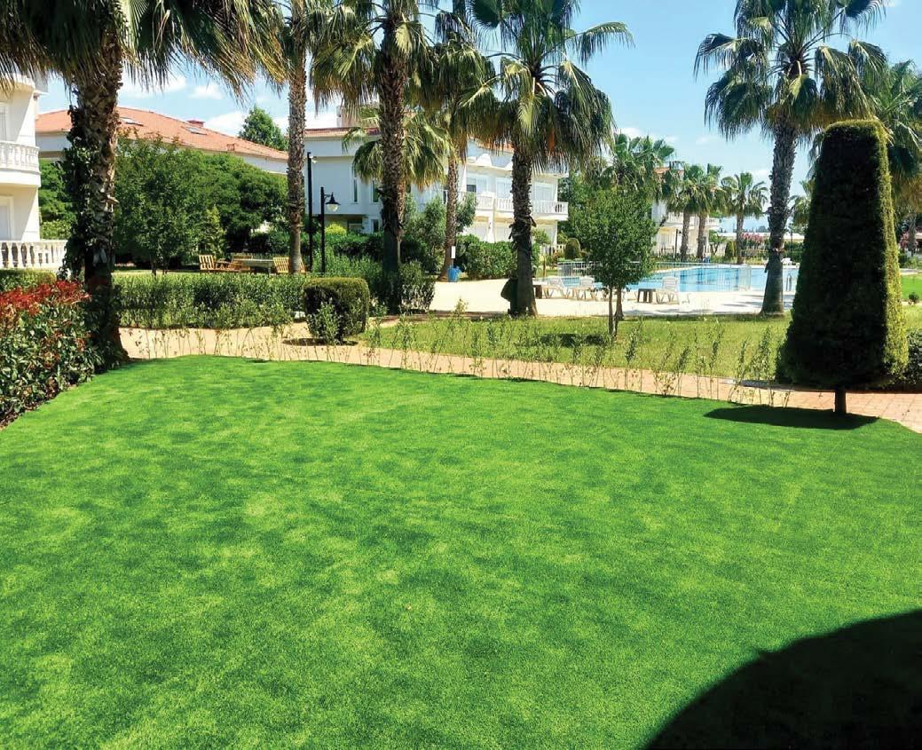 Jardin résidentiel avec piscine, gazon synthétique décoratif nature autour de la terrasse.