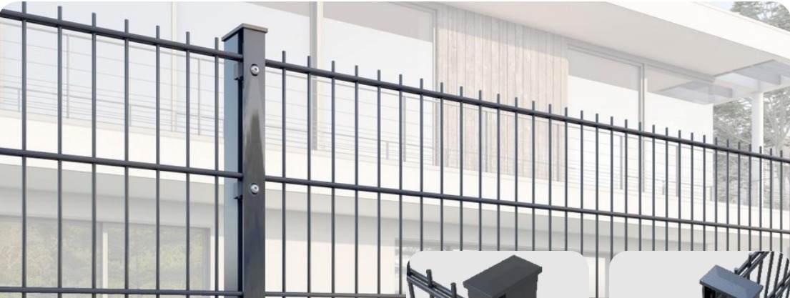 Panneau Double Fil Pro installé en clôture, vue rapprochée sur le poteau et le double fil soudé.