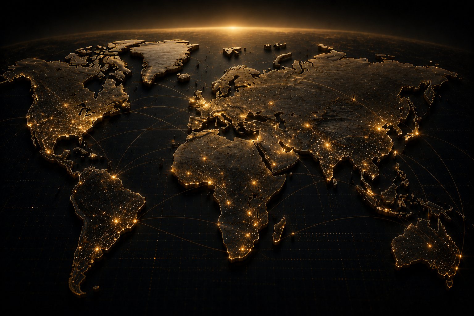 Carte du monde métallique or sur fond noir, connexions lumineuses entre continents, horizon éclairé -- réseau mondial d'approvisionnement World Export.