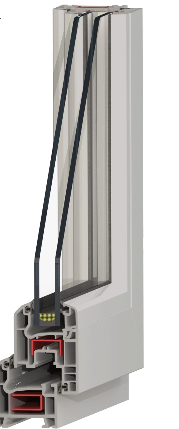 Coupe 3D d'une fenêtre PVC PRO5003, profil 50 mm à 3 chambres — gamme d'entrée, murs étroits et containers.