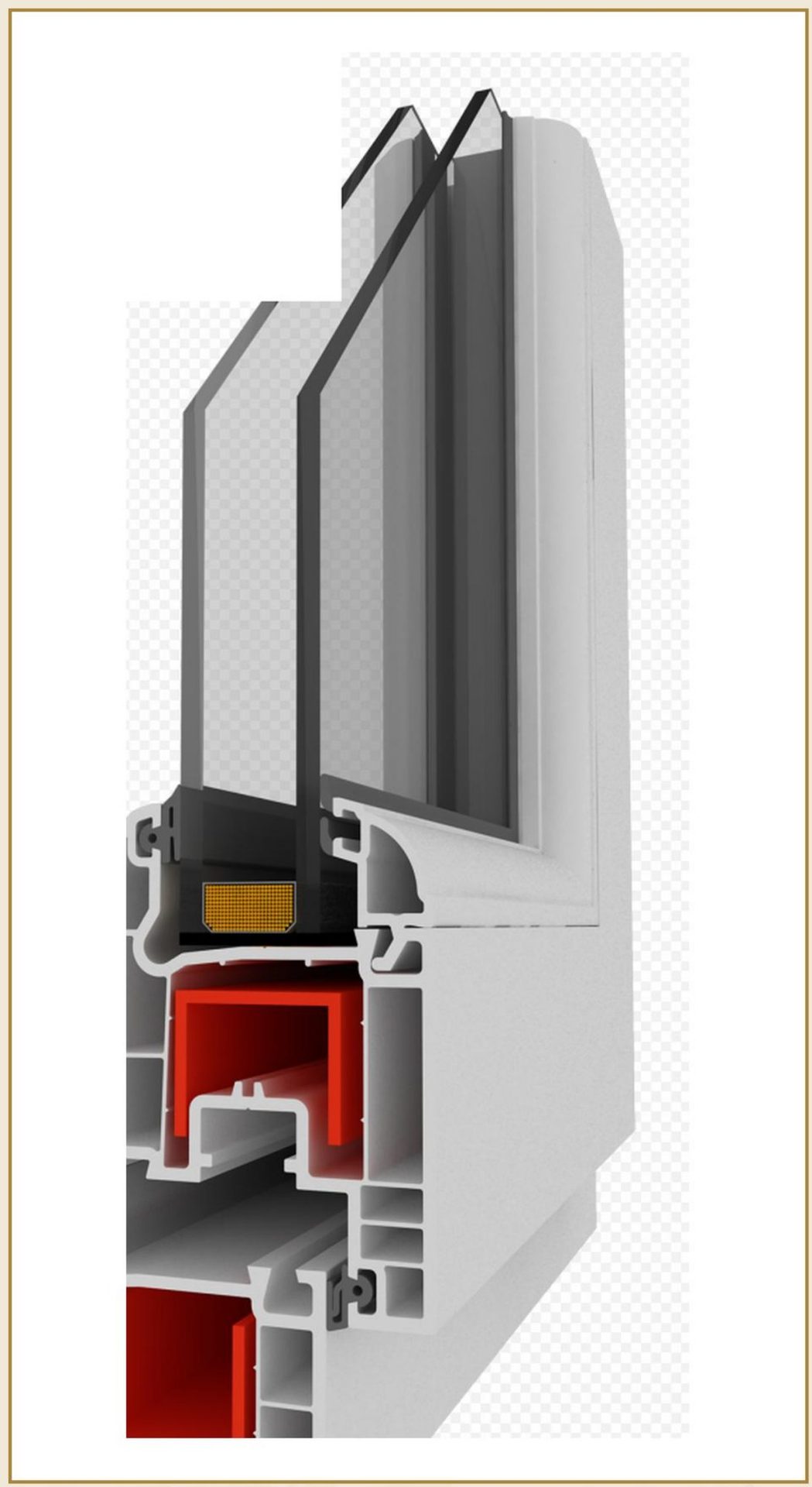 Coupe 3D d'une fenêtre PVC PRO6003, profil 60 mm à 3 chambres — gamme fenêtre battante standard.