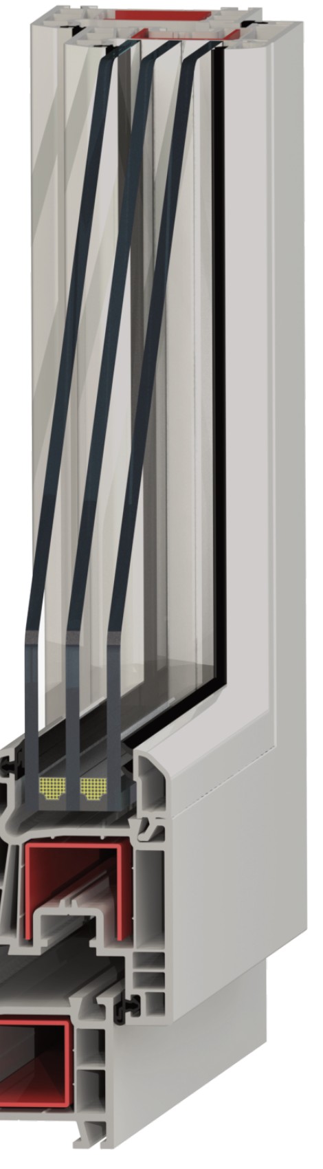 Coupe 3D d'une fenêtre PVC PRO6004, profil 60 mm à 4 chambres — isolation et esthétique renforcées.