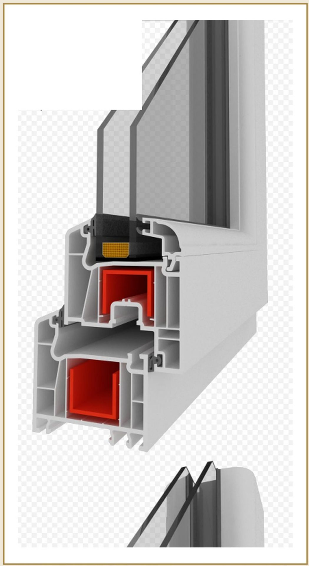 Coupe 3D d'une fenêtre PVC PRO7005/PRO7006, profil 70 mm à 5-6 chambres — gamme fenêtre confort, isolation renforcée.