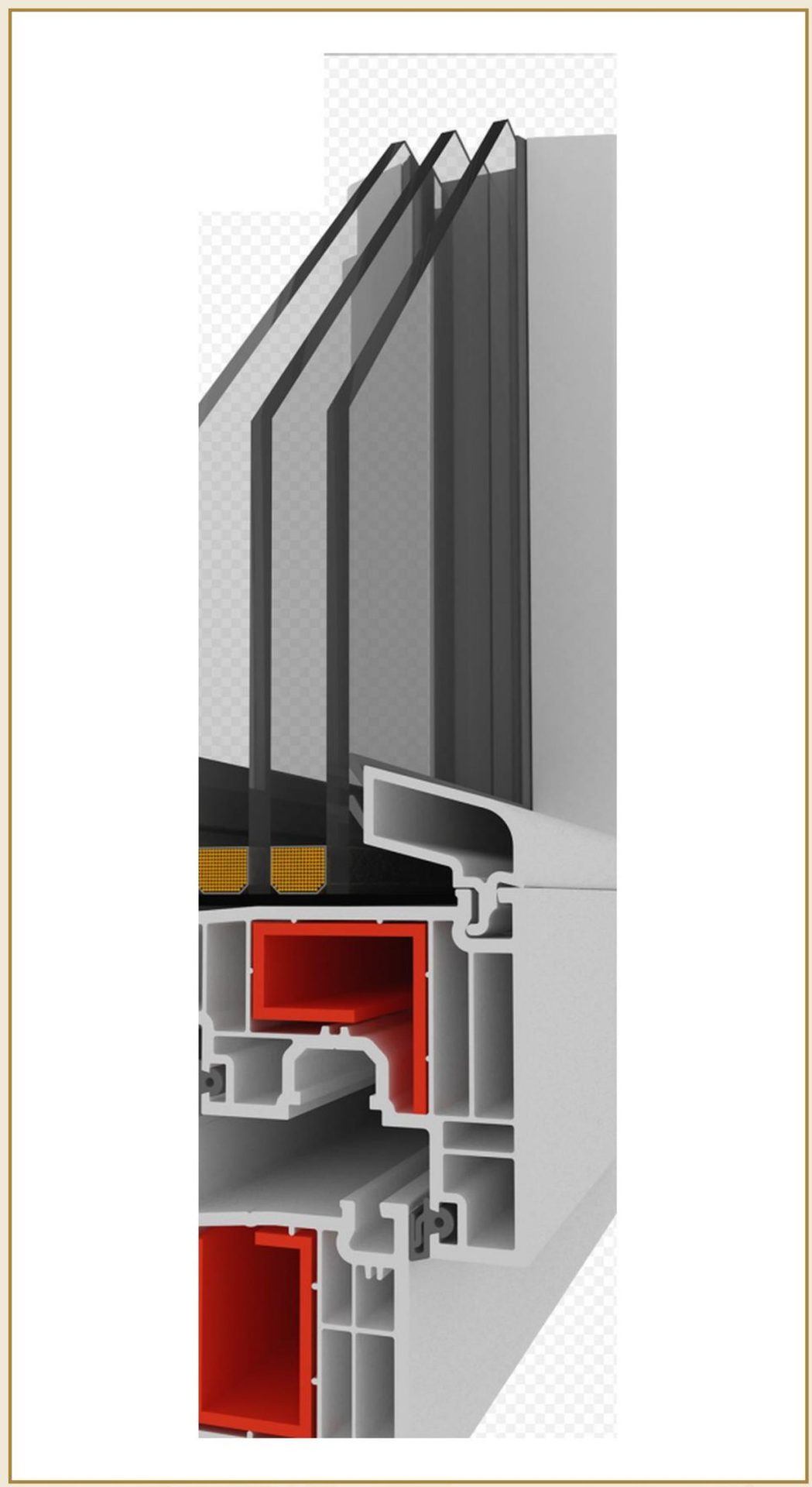 Coupe 3D d'une porte d'entrée PVC PRO8106, profil 81 mm à 6 chambres — gamme renforcée, statique et sécurité longue durée.