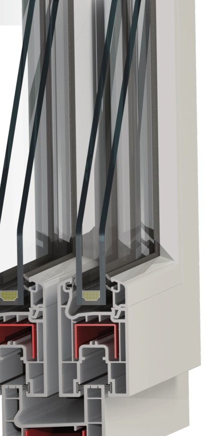 Coupe 3D d'une porte-fenêtre coulissante double PVC PROSLIDE-70, profil 70 mm à 3 chambres.