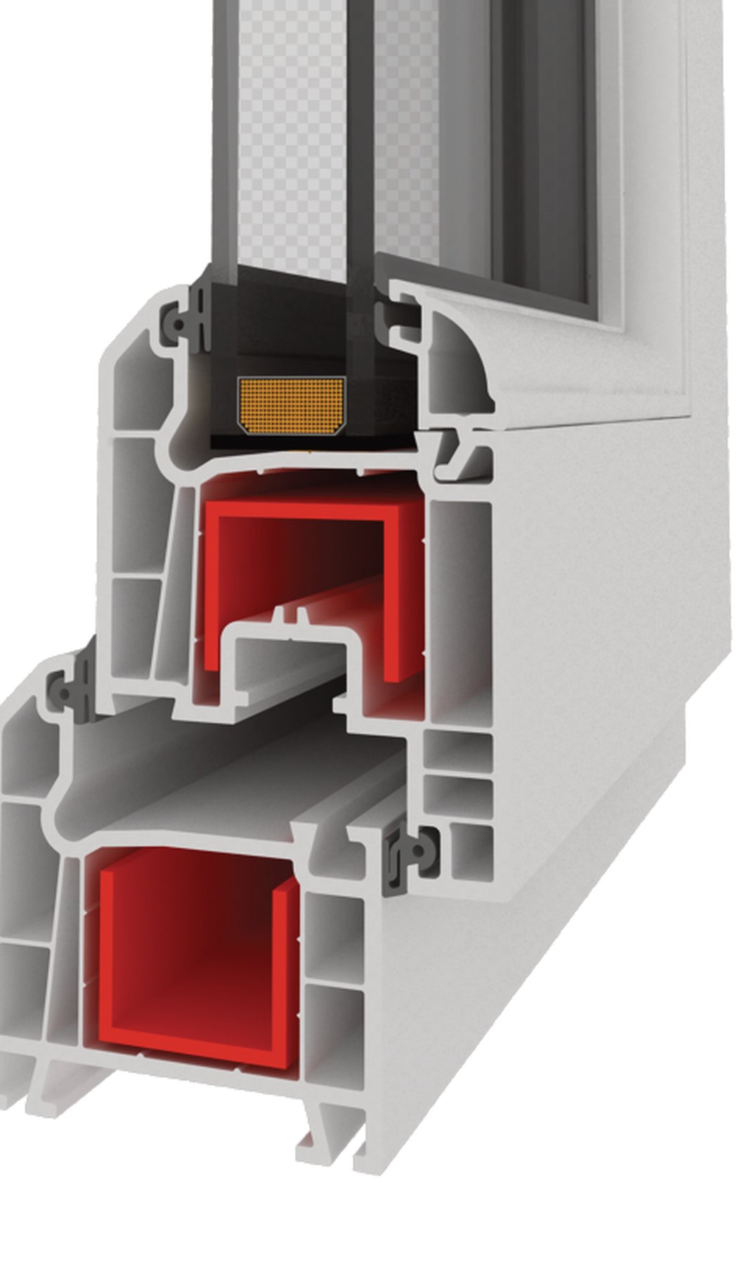 Coupe 3D d'un profilé PVC 4 chambres, vitrage et joints visibles.