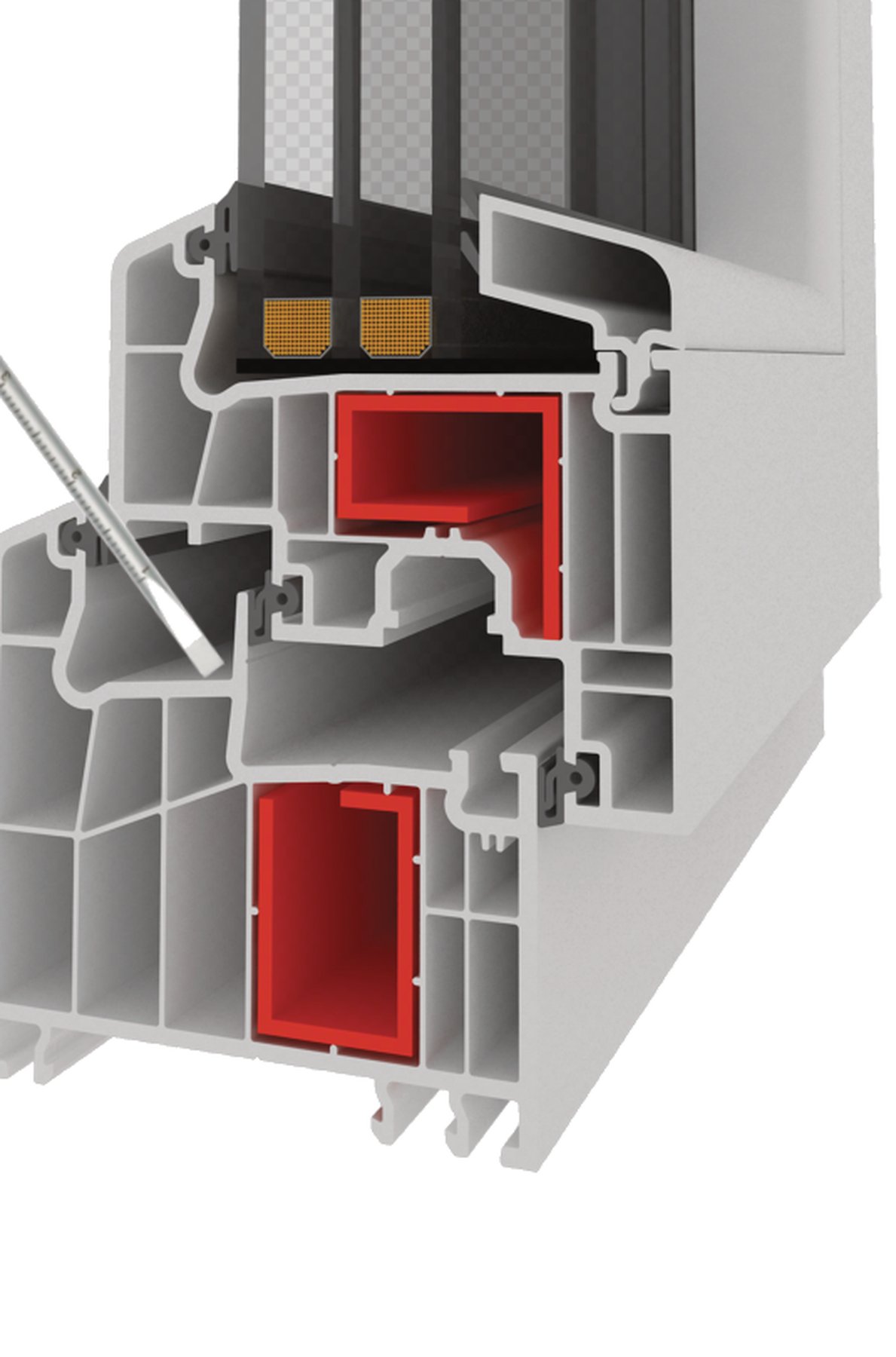 Coupe 3D d'un profilé PVC 6 chambres (gamme renforcée), précision d'assemblage.