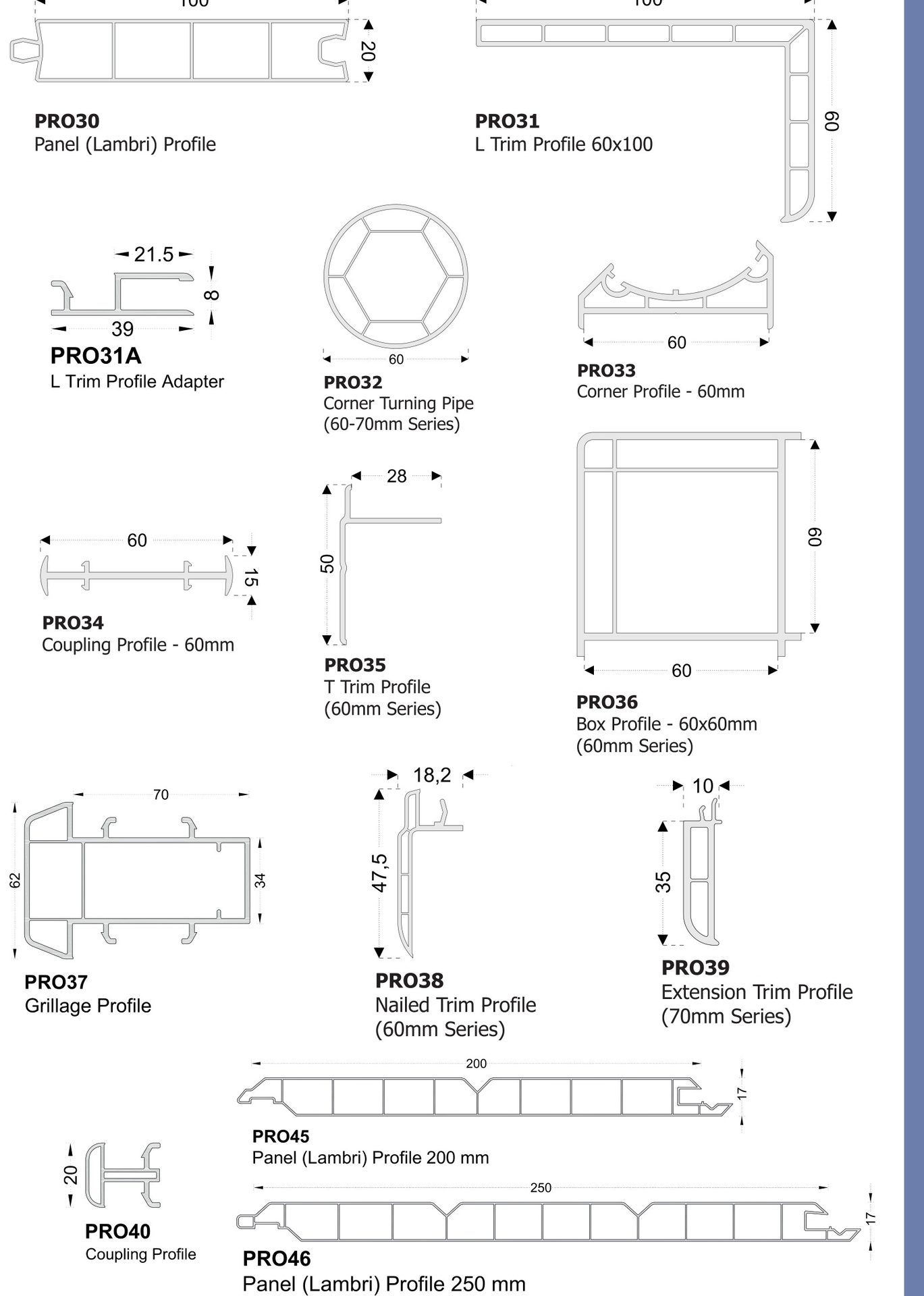 Planche technique des profils complémentaires : lambris, profil en L, cornière, coffrage, raccord.
