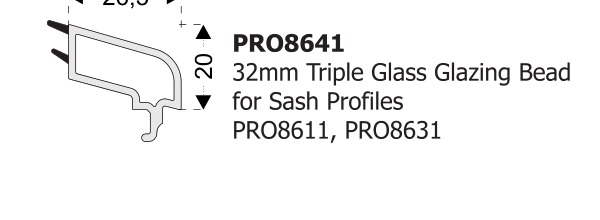 Coupe technique officielle du profil de parclose PRO8641, triple vitrage 32 mm pour profils ouvrants.