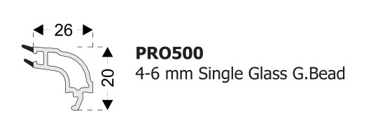 Coupe technique officielle du profil de parclose PRO500, vitrage simple 4-6 mm.