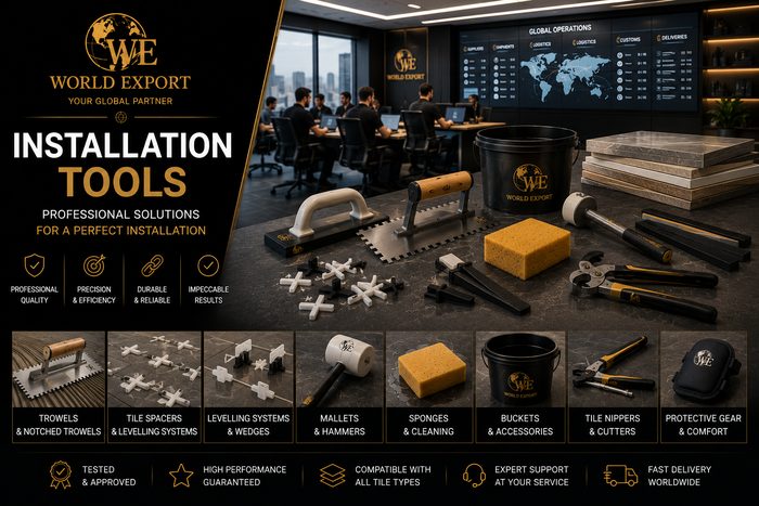Affiche de marque World Export — Produits de pose : logo World Export en tête, outils de pose professionnels.
