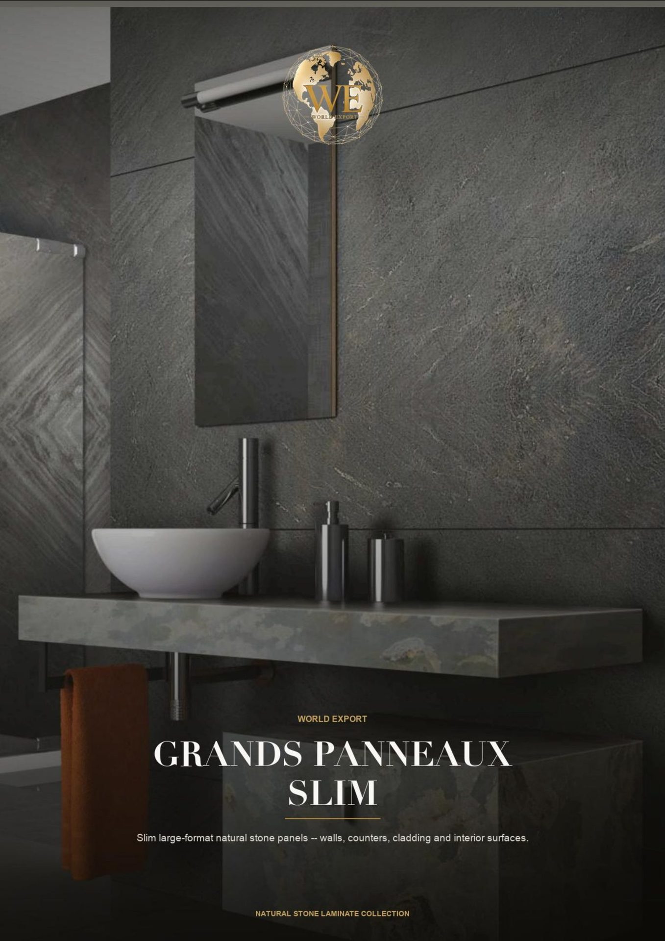 Salle de bain habillée en pierre fine grand format, vasque, miroir et plan vasque assortis.