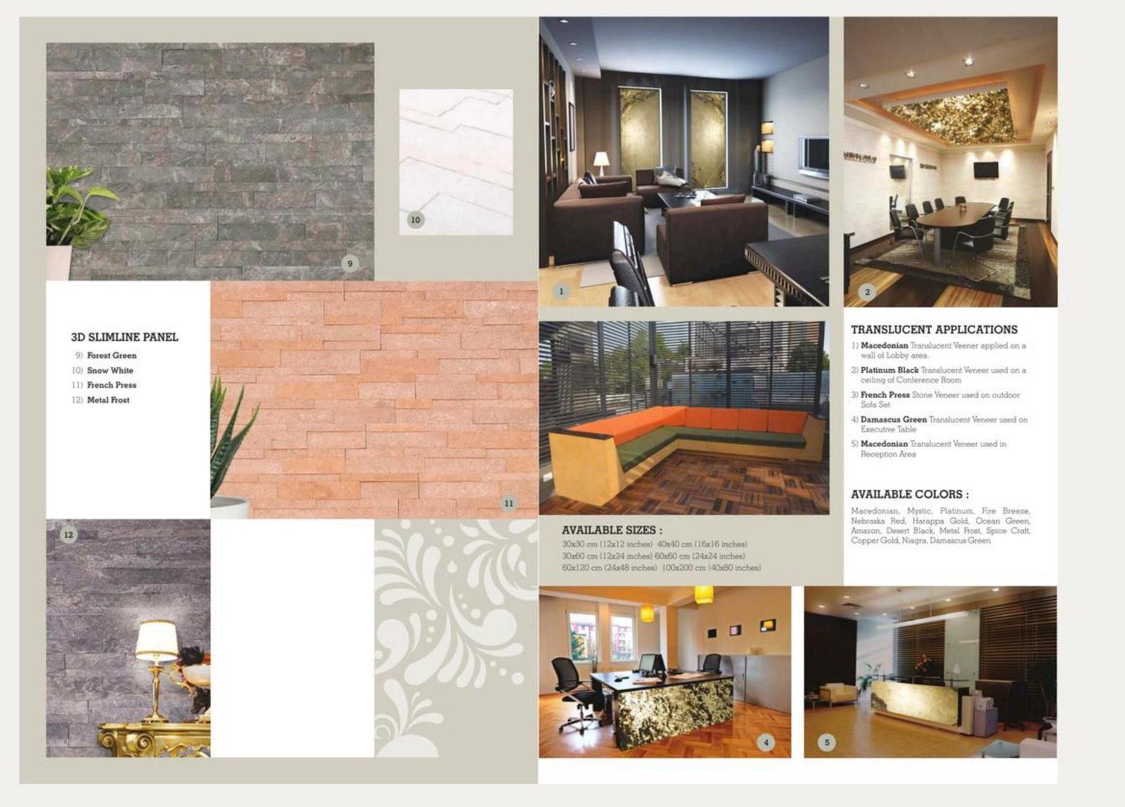 Montage d'applications intérieures (lobby, salle de conférence, mobilier de bureau, accueil) en pierre fine grand format.