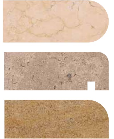 Trois profils de pièces bullnose (nez de margelle) en grès/calcaire égyptien, catalogue World Export & Co.