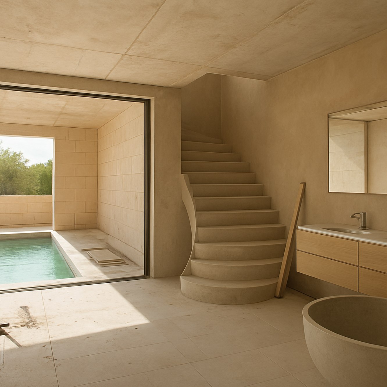 Escalier et salle de bain en pierre claire, piscine intérieure visible en arrière-plan (rendu World Export & Co.).
