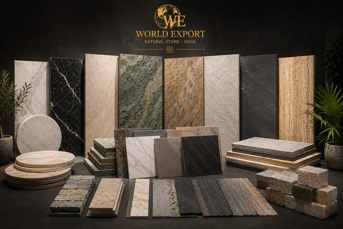 Affiche de marque World Export — Pierre indienne : logo World Export en tête, photo représentative d'une pierre indienne (quartzite).