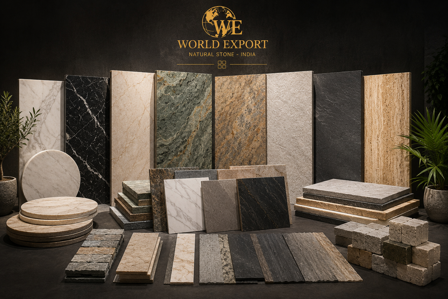 Affiche de marque World Export — Pierre indienne : logo World Export en tête, photo représentative d'une pierre indienne (quartzite).