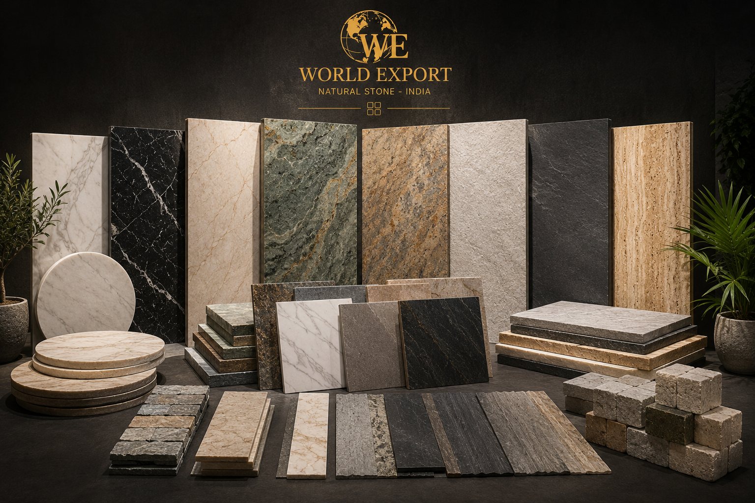Affiche de marque World Export — Pierre indienne : logo World Export en tête, photo représentative d'une pierre indienne (quartzite).