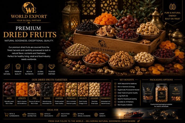 Affiche de marque World Export — Produits secs : logo World Export en tête, fruits secs et produits déshydratés.