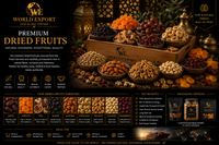 Affiche de marque World Export — Produits secs : logo World Export en tête, fruits secs et produits déshydratés.