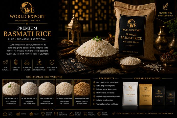 Affiche de marque World Export — Riz : logo World Export en tête, photo représentative de grains de riz (export conteneurisé).