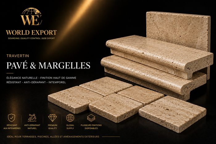 Affiche de marque World Export — Travertin Pavé & Margelles : élégance naturelle, anti-dérapant, plusieurs finitions.