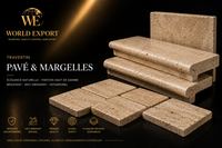 Affiche de marque World Export — Travertin Pavé & Margelles : élégance naturelle, anti-dérapant, plusieurs finitions.