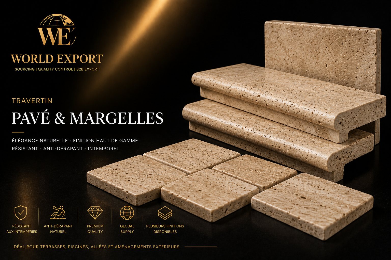 Affiche de marque World Export — Travertin Pavé & Margelles : élégance naturelle, anti-dérapant, plusieurs finitions.