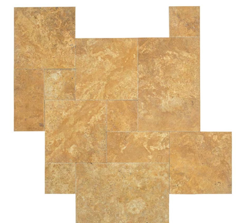 Swatch travertin Golden, motif French Pattern, teinte dorée soutenue.
